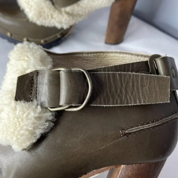 TOPSHOP Unique Sherling Cuff Leather Booties Olive Green Platform Boho Size 8.5 - Picture 8 of 15